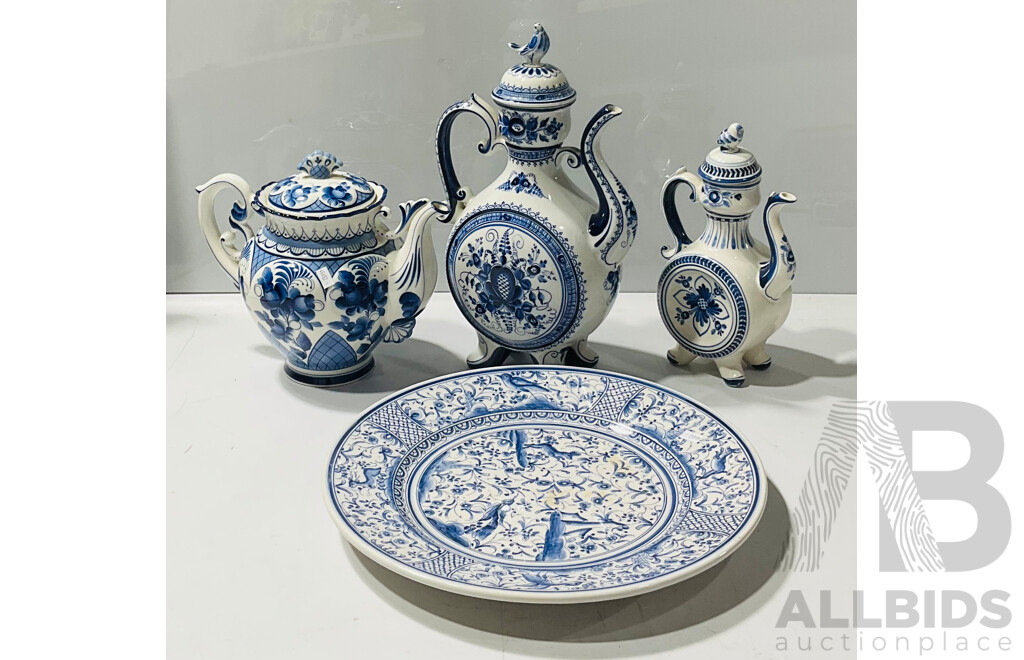 Collection of Blue and White Ceramics Including Three Tea Pots of Varying Sizes and a Large Portuguese Hand Painted Platter