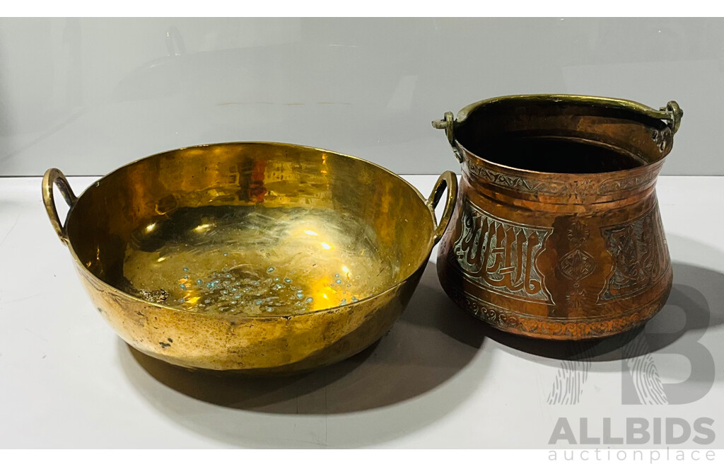 Pair of Hand Beaten Middle Eastern Vessels - Larger Brass Bowl with Duelled Handles and Smaller Copper Etched Pot with One Handle and a Plate