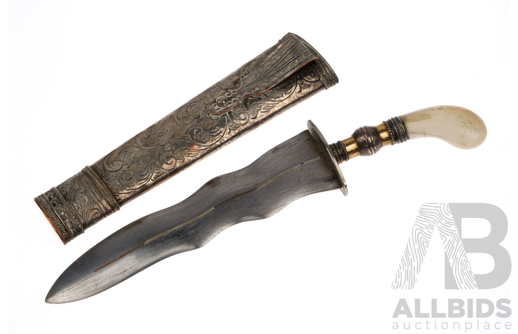 Vintage Indonesian Kris Knife with White Metal Scabbard with Engraved Detail and Ivory Handle