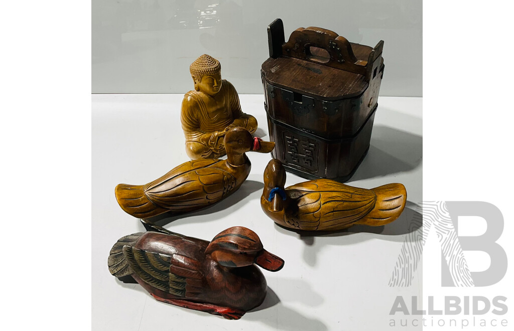 Trio of Wooden Ducks Alongside a Buddha and Vintage Wooden and Metal Bucket