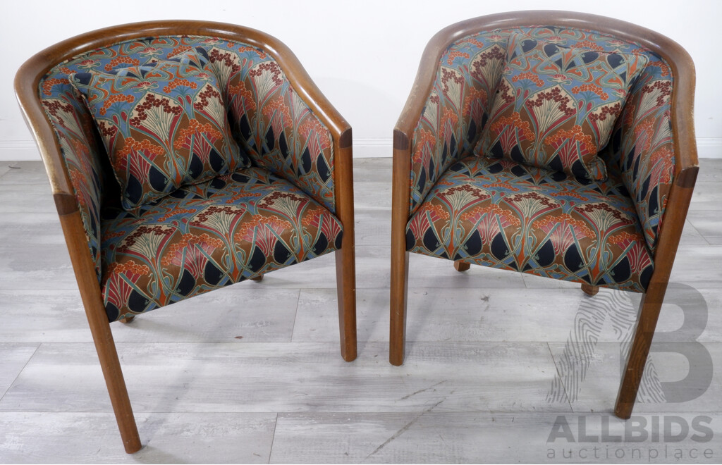 Pair of Vintage Tub Chairs with Art Nouveau Pattern Upholstery