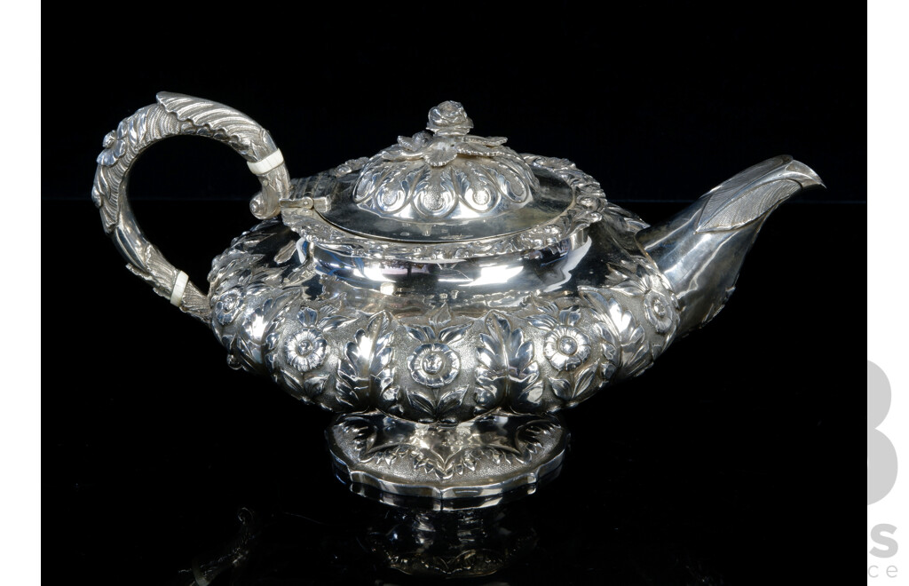 Antique Sterling Silver Teapot with Repeating Repousse Floral Motif, Bone Insulators and Rose Finial, London 1830, WIlliam Hall