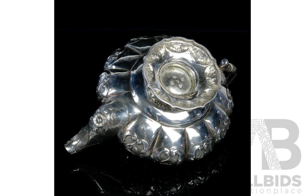 Antique Sterling Silver Teapot with Repeating Repousse Floral Motif, Bone Insulators and Rose Finial, London 1830, WIlliam Hall
