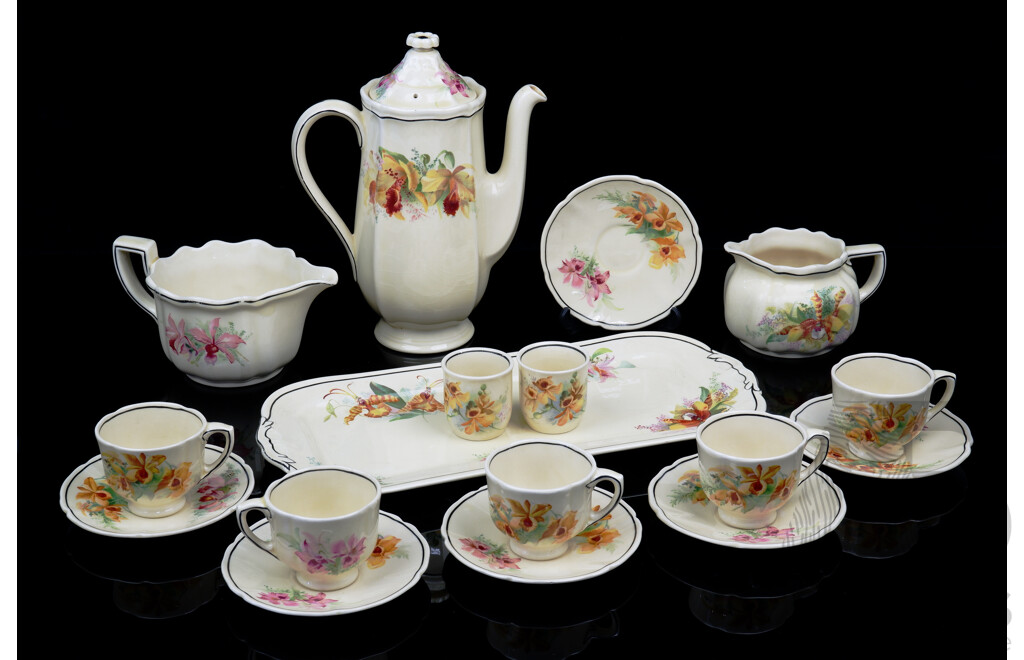 Antique Royal Doulton 13 Piece Tea Set in Orchid Pattern, D 5215