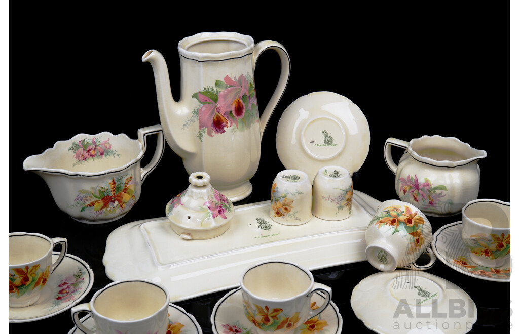 Antique Royal Doulton 13 Piece Tea Set in Orchid Pattern, D 5215