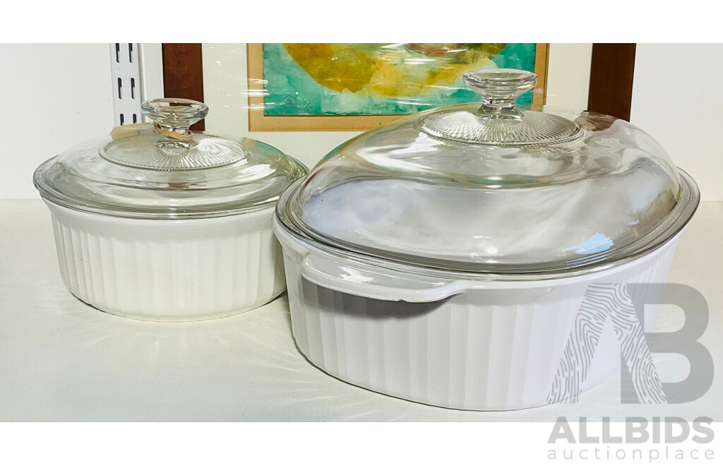 Two Retro Corningware Stoneware Lidded Ovenware Dishes in French White