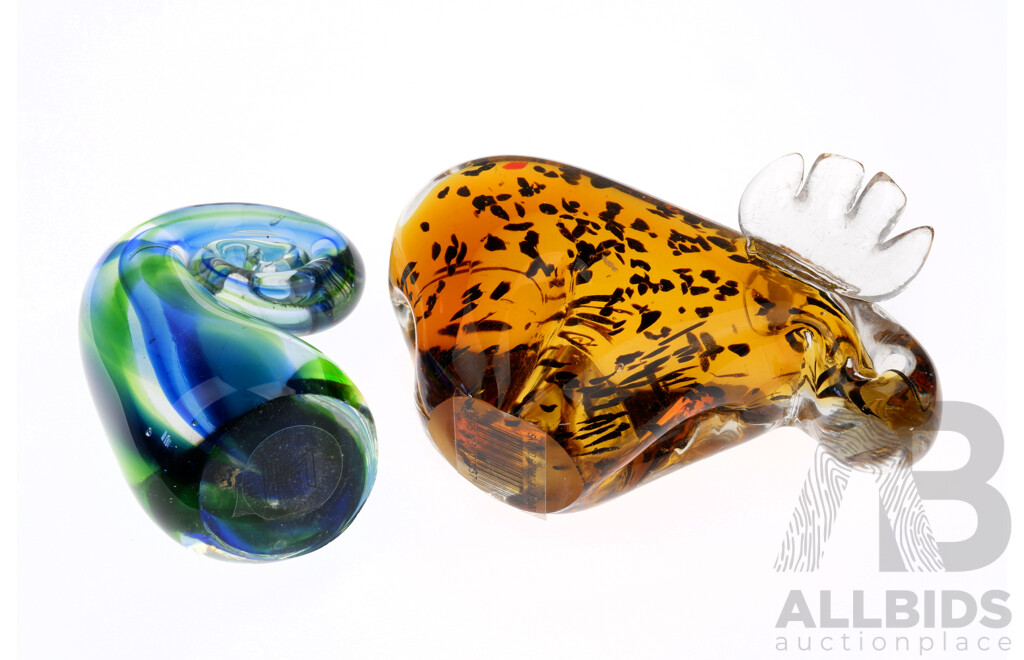 Retro Style Art Glass Moose Along with Murano Style Sommerso Swirl Paperweight