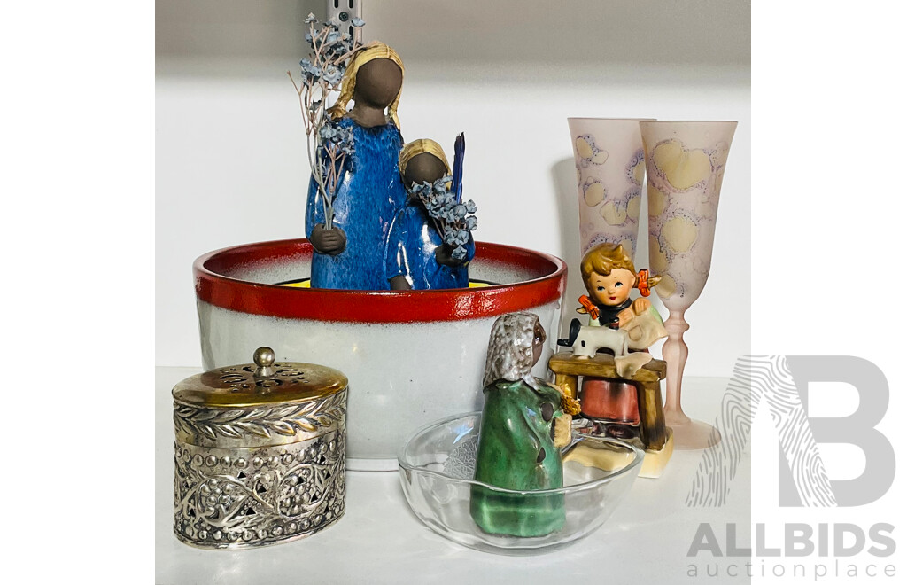 Collection Decorator Items Including Retro Pottery Serving Bowl, Hand Painted Ceramic Bowls, Silverplate Lidded Canister and More