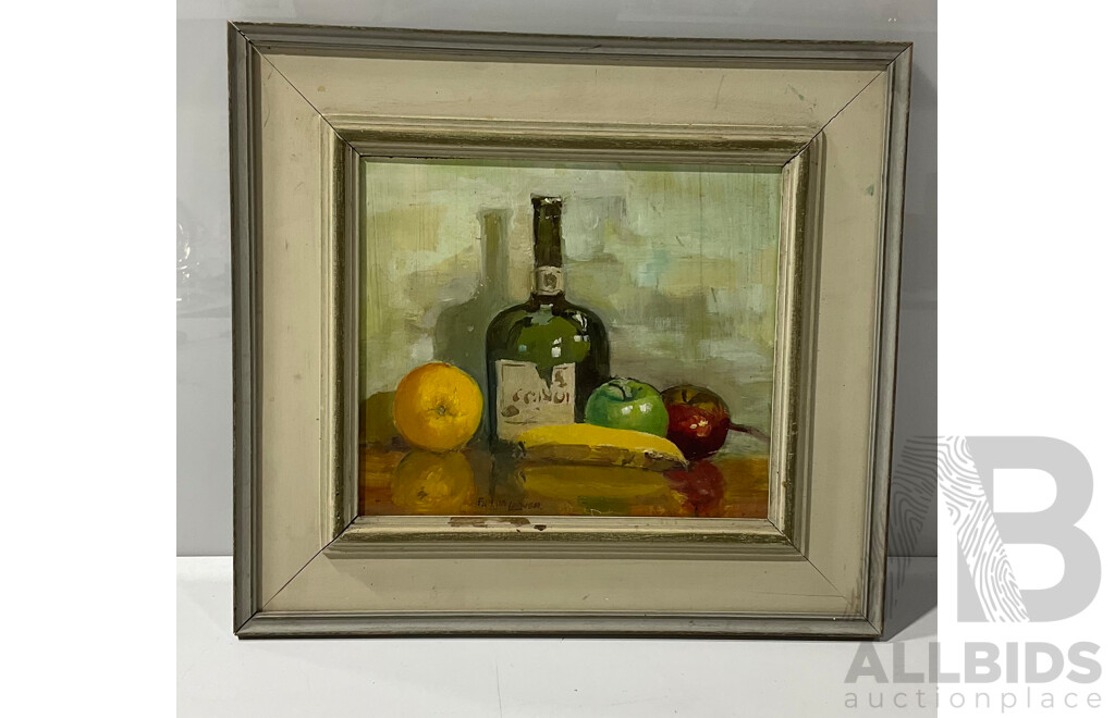 Framed Still Life of Bottle and Fruit, Oil on Board