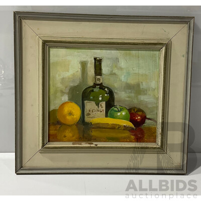 Framed Still Life of Bottle and Fruit, Oil on Board