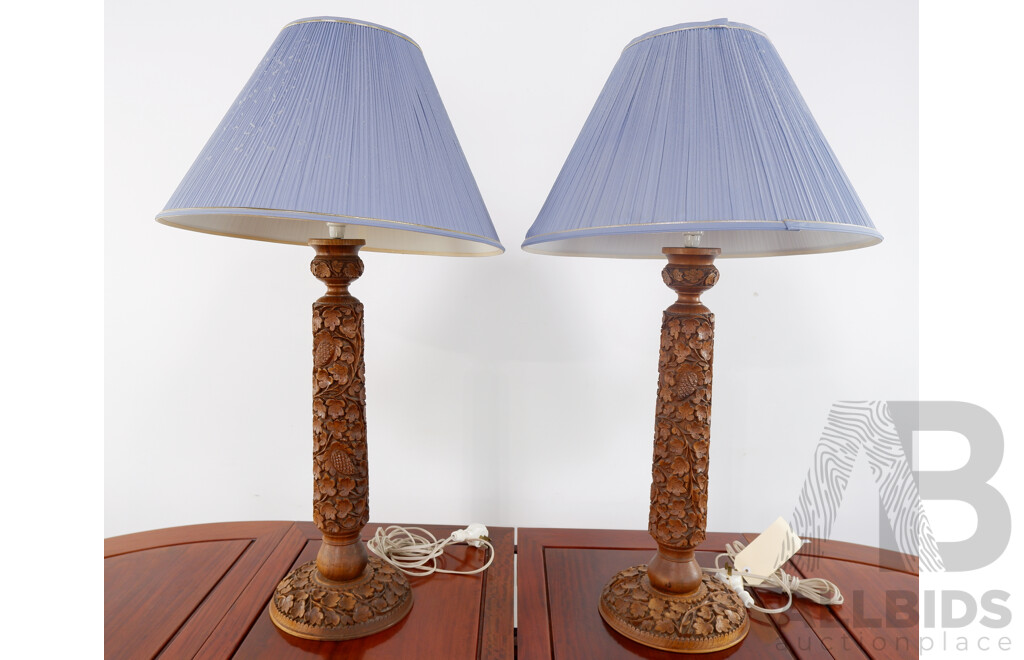 Pair of Teak Carved Table Lamps