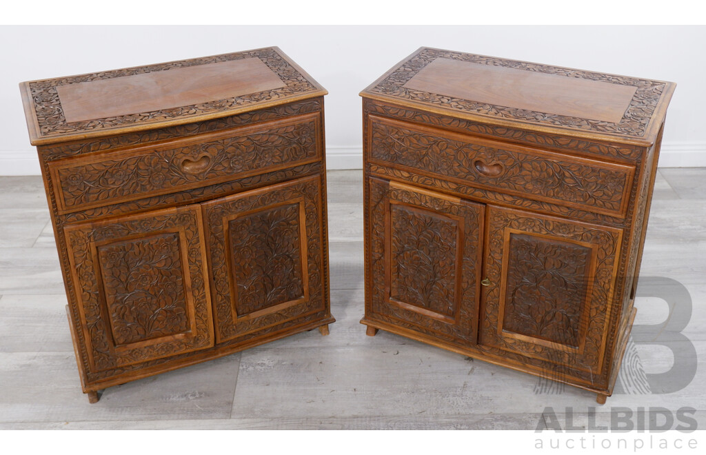 Pair of Anglo-Indian Carved Bedside Chests