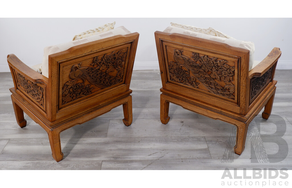 Pair of Chinese Carved Timber Sofa Armchairs