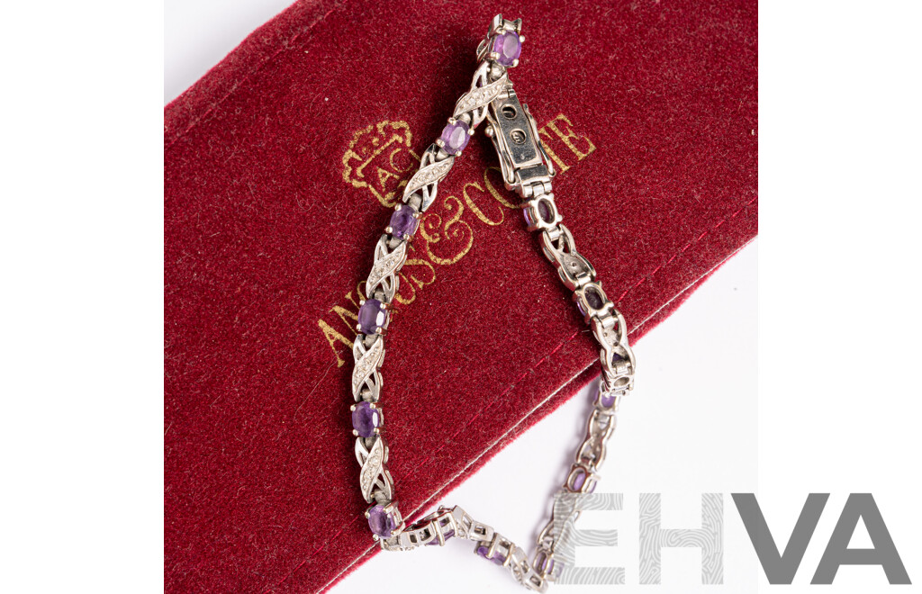 9ct White Gold Amethyst & Diamond Tennis Bracelet, TDW 0.30CT, 19cm, 7.01 Grams