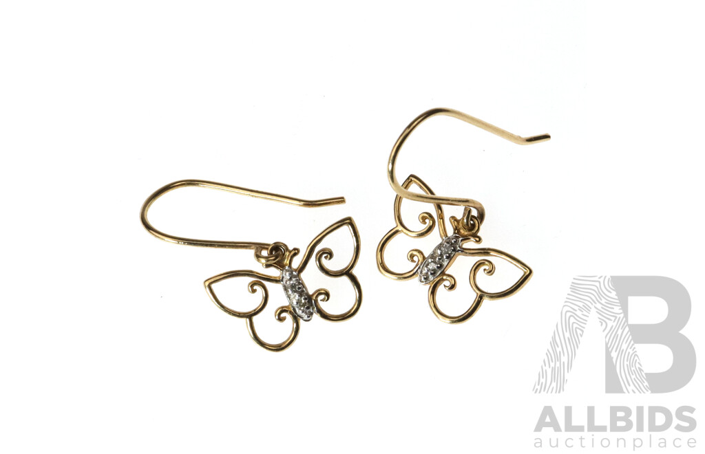 9ct Diamond Set Butterfly Drop Earrings, 22mm, 1.30 Grams