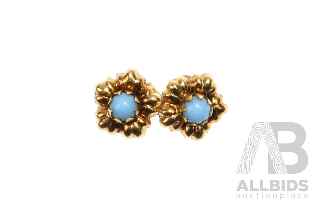 18ct Rose Gold Turquoise Cabachon Flower Stud Earrings, 1.69 Grams
