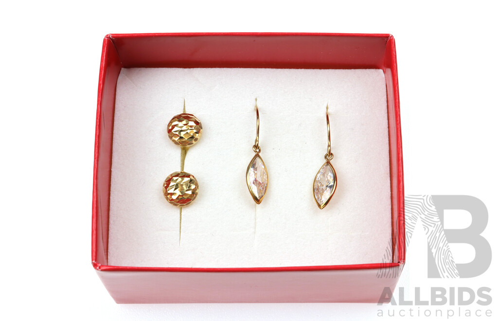 9ct Faceted Button Earrings, 7.2mm & 9ct Marquise CZ Drop Earrings, 20mm, 1.80 Grams