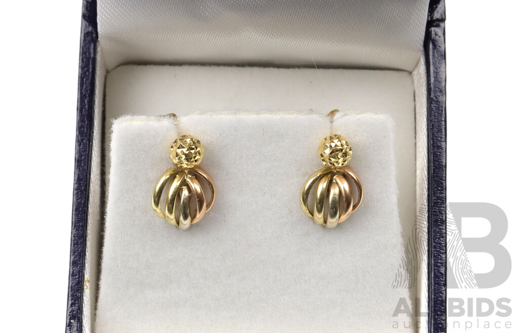 18ct Faceted 4mm Ball Studs, 0.84 Grams & 9ct Three Toned Gold Leaf Stud Earrings, 0.76 Grams