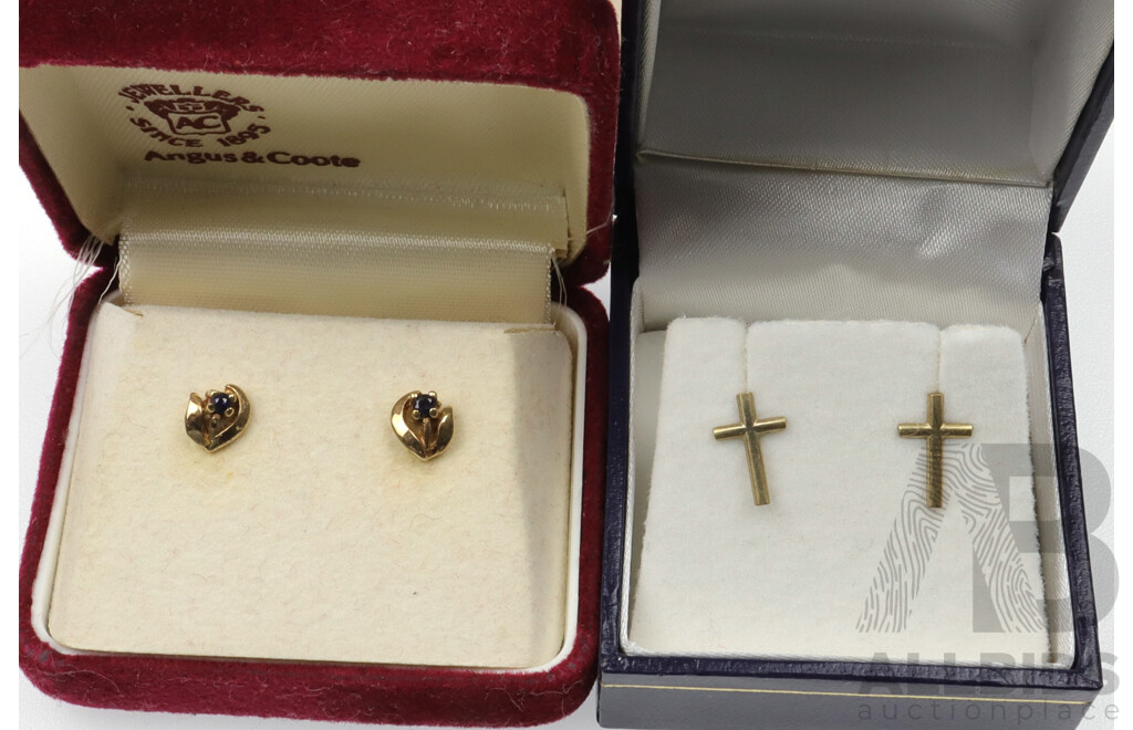9ct Vintage a & C Sapphire Stud Earrings & 9ct Cross Stud Earrings, 1.57 Grams