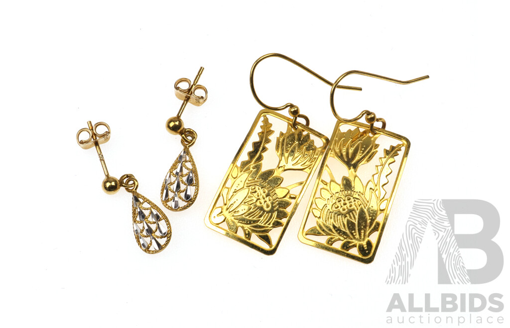 9ct Two Toned Filligree Drop Ball Stud Earrings, 20mm, 1.27 Grams & Quality Gold Plated Waratah Drop Earrings
