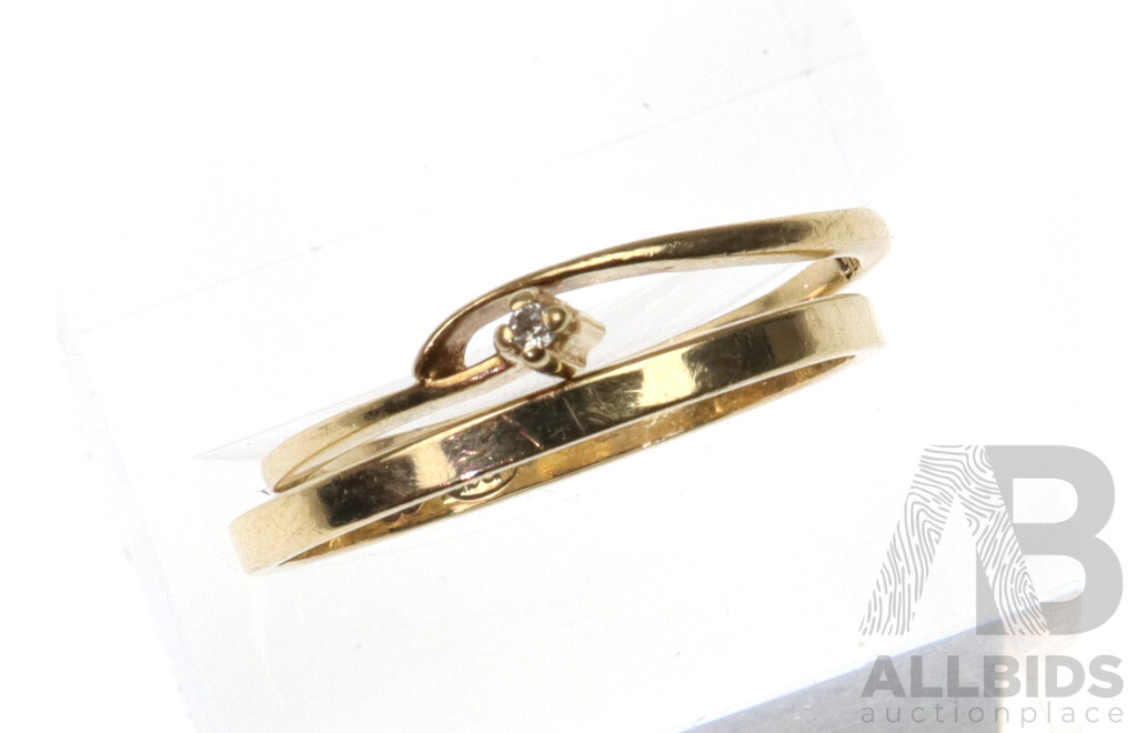 9ct Vintage Dainty Diamond Set Ring, Size M and Fine Plain Band, Size O, 2.03 Grams