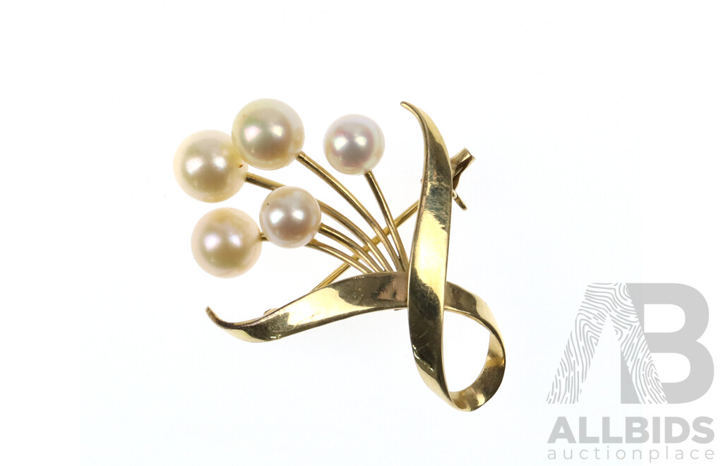 14ct Vintage 'Mikimoto' Pearl Bouquet Brooch, 5.21 Grams