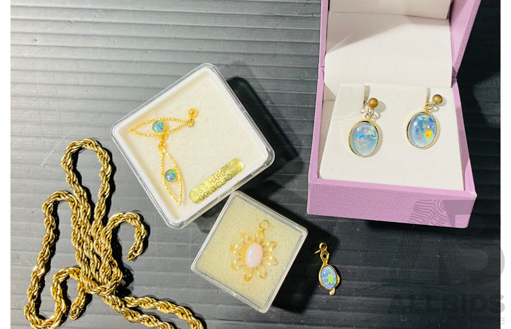 Collection of Gold Plated Jewellery Items Including Opal Triplet Pieces and Three Sterling Silver Bracelets