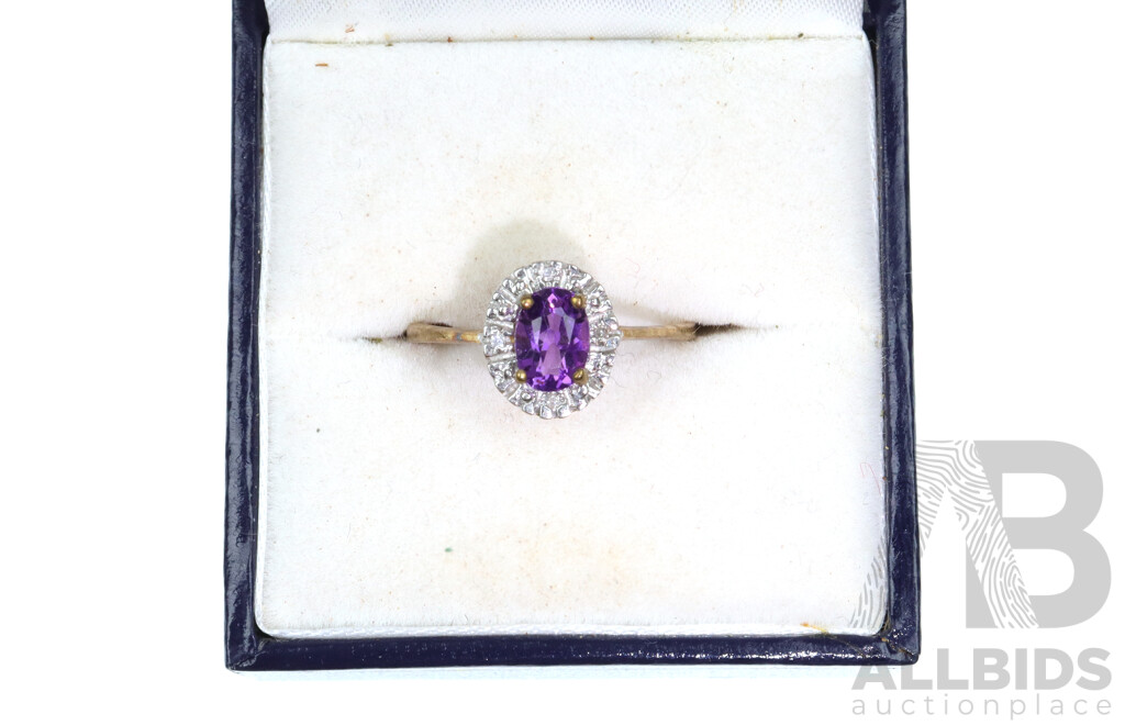 9ct Amethyst & Diamond Ring, Size O, 1.74 Grams