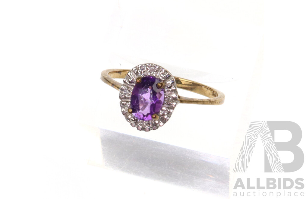 9ct Amethyst & Diamond Ring, Size O, 1.74 Grams