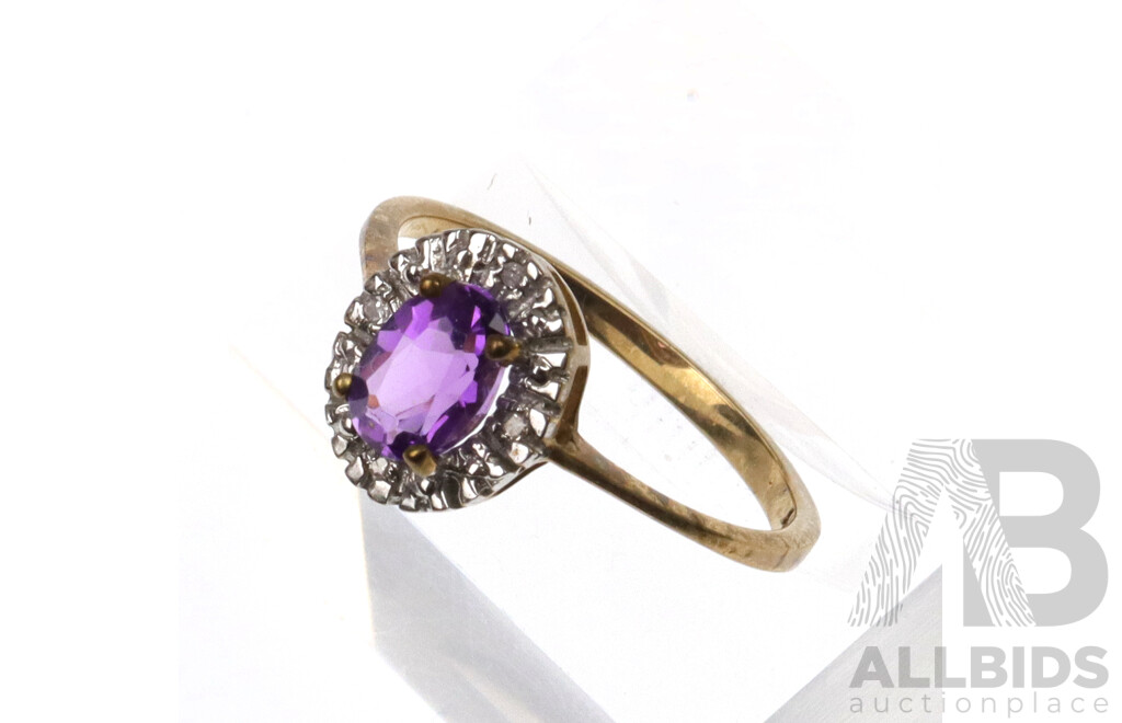 9ct Amethyst & Diamond Ring, Size O, 1.74 Grams