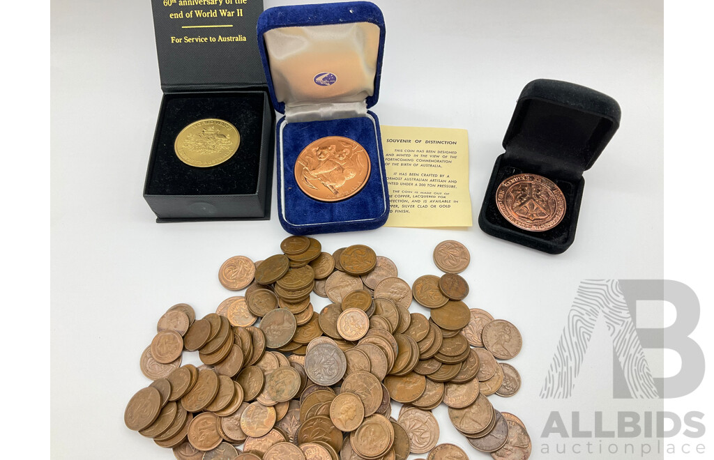 Australian WW2 60th Anniversary Medallion, Copper Souvenir Medallion, 2000 Olympic and Captain Cook Medallions 1951 UK Shilling, 1954 Australian Florin Pendant, Australian One and Two Cent Coins - 700 Grams
