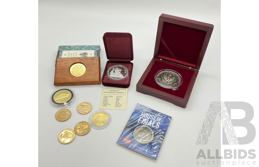 Jean Paul II Ten Francs .999 Silver Coin, 37th Anniversary UAE Unification of Armed Forces Medallion with Various Australian Coins and Medallions