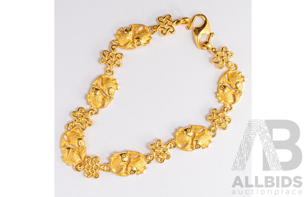 22ct Yellow Gold Bracelet with Asian Double Fish Symbol & Mystic Knot Links, 17cm, 10.64 Grams