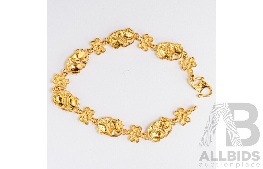 22ct Yellow Gold Bracelet with Asian Double Fish Symbol & Mystic Knot Links, 17cm, 10.64 Grams