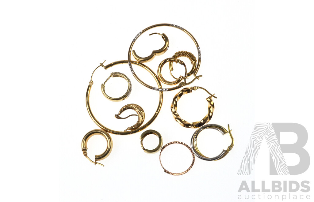 9ct SCRAP GOLD 9.43 Grams of Various Single Hoop Earrings