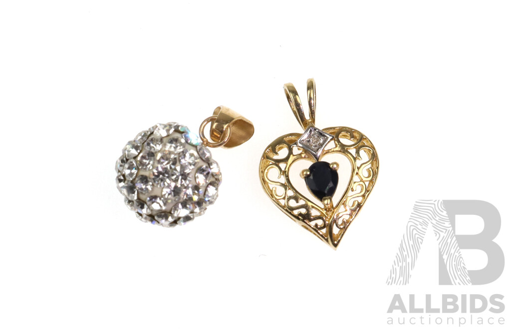 9ct Sapphire & Diamond Heart Pendant and 9ct Crystal Set Ball Pendant, 1.98 Grams