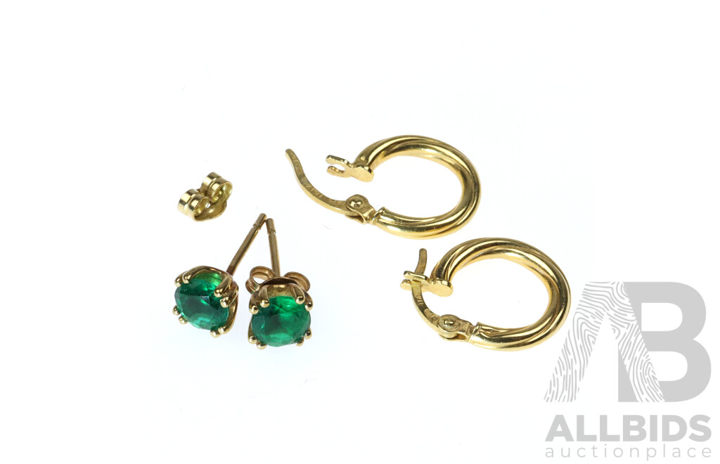 9ct Biron Emerald Studs & 9ct Twist Patternered Hoop Earrings, 1.58 Grams