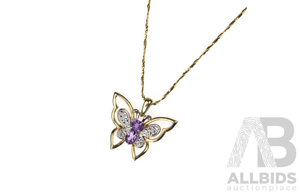 9ct Amethyst Butterfly Pendant on 18ct Twist Snake Chain, 45cm, 3.43 Grams