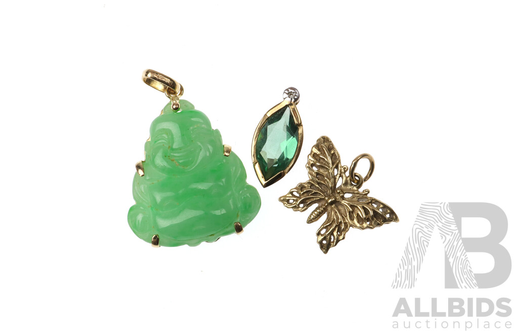 14ct Happy Buddha Jade Pendant, 9ct Birion Emerald Slider and 9ct Butterfly Charm