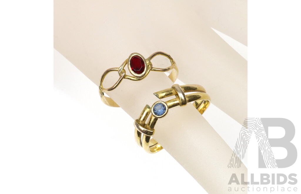9ct Yellow Gold Rings X 2 with Sapphire and Garnet Stones, Size P & Q, 2.68 Grams