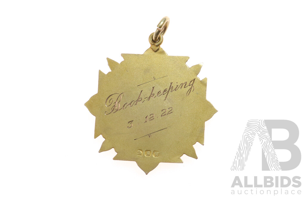 Antique 1922 9ct Medallion, 35mm, Engraved 'Book-Keeping 3.12.22', Hallmarks for 1921 9ct, 3.50 Grams