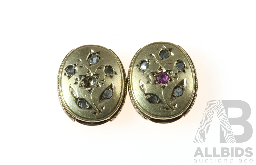 Antique 1900's Ruby & Diamond 9ct Pocket Watch Slider Ornaments X 2, 6.90 Grams
