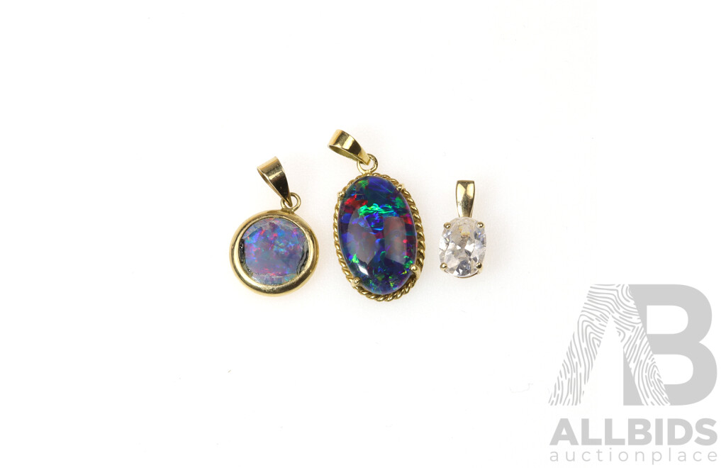 18/14/9ct Gold Pendants (X 3) with Opal and CZ Stones, 3.91 Grams