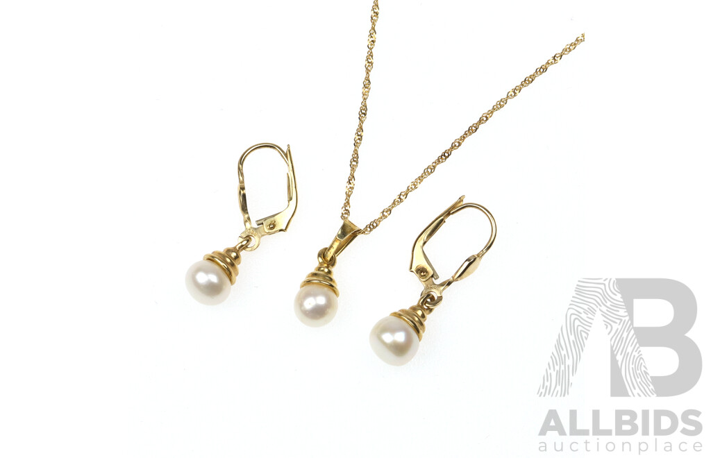 9ct A&C Freshwater Cultured 6.5mm Pearl Drop Earrings and Matching 5.7mm Pearl Pendant on 9ct Rope Twist Chain, 40cm,  3.54 Grams