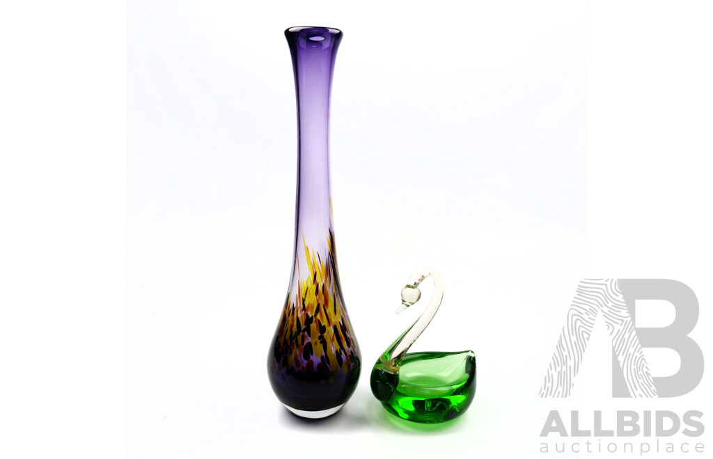 Retro Long Neck Art Glass Vase and Green Glass Swan Bowl