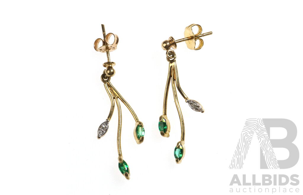 9ct Diamond & Biron Emerald Set Pretty Drop Stud Earrings, 25mm, 1.95 Grams