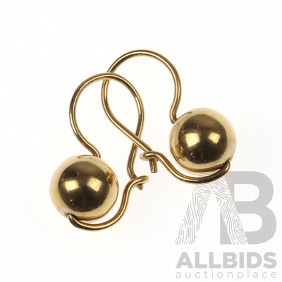 9ct Ball Hook Earrings, 9mm Wide, 22mm Long, 2.27 Grams