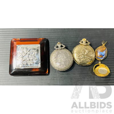 Large Opalised Stone Pendant, Sterling Silver Mirror Compact, Talbots Basket and Two Pocket Watches