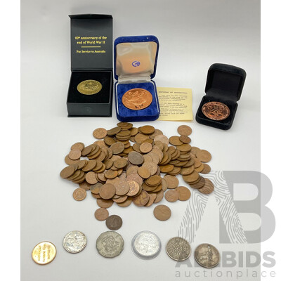 Australian WW2 60th Anniversary Medallion, Copper Souvenir Medallion, 2000 Olympic and Captain Cook Medallions 1951 UK Shilling, 1954 Australian Florin Pendant, Australian One and Two Cent Coins - 700 Grams
