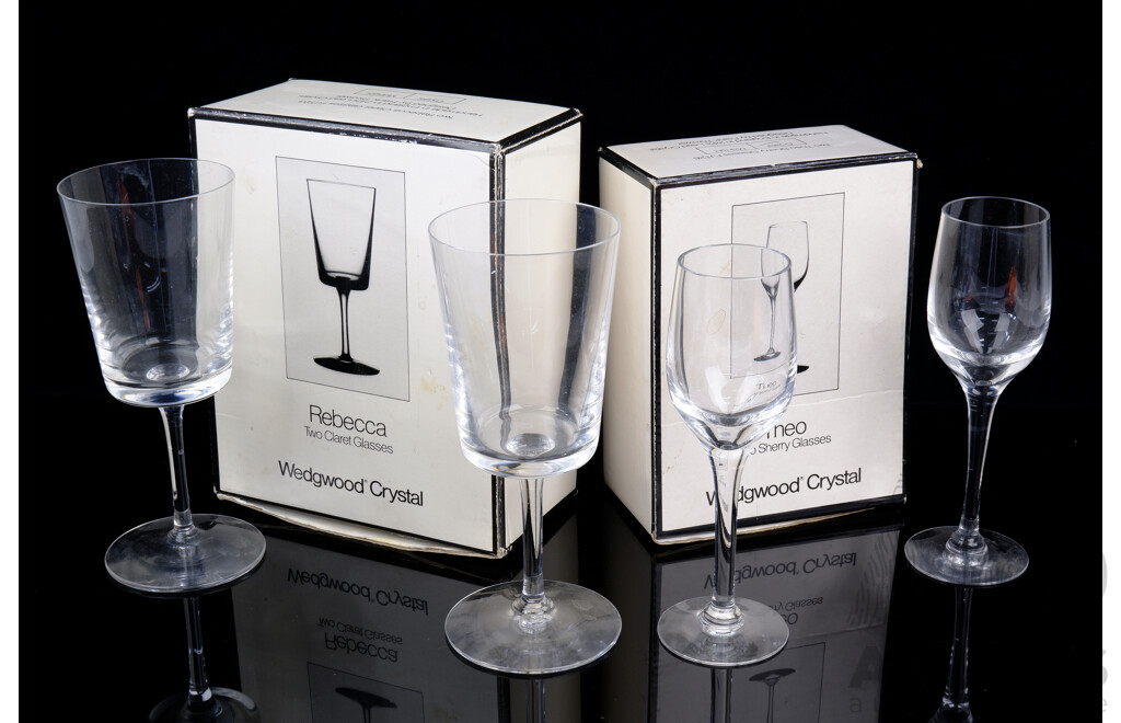 Pair Wedgwood Claret Glasses in Rebecca Design and Pair Wedgwood Sherry Glasses in Theo Design Both in Original Boxes